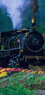 Vintage steam train surrounded by colorful flowers and lush greenery.