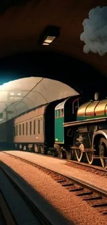 Vintage steam train entering a dimly lit tunnel on railway tracks.