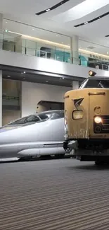 Vintage trains displayed in a modern museum setting.