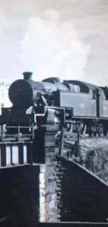 Vintage train on a bridge in black and white photo wallpaper.