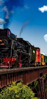 Vintage steam train on bridge under blue sky with moon.