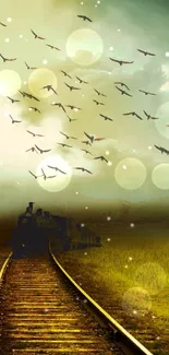 Vintage train with birds in a dreamy landscape with bokeh effect.