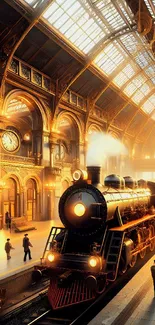 Vintage train in a luminous, golden station.