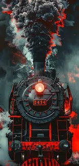 Vintage steam train with dramatic smoke and red glow