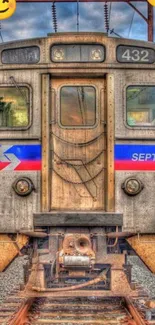 Vintage SEPTA train with emojis overlaid on the backdrop.