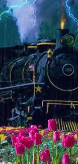 Vintage steam train with tulips under a lightning sky.