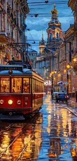 Vintage tram on a rainy city street reflecting vibrant lights.