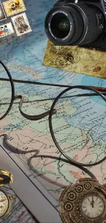 Vintage travel wallpaper with maps, camera, and glasses.