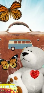 Vintage teddy and butterflies with travel theme in brown.