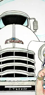 Cartoon illustration of a vintage Chevrolet truck with a bearded man.