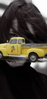 Artistic wallpaper with a yellow vintage truck on a grayscale backdrop.