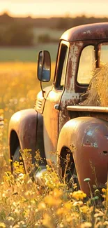 Vintage truck in a golden field during sunset.