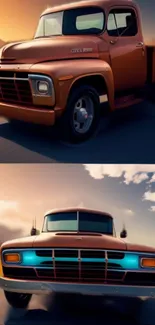 Vintage truck driving on highway at sunset with vibrant orange glow.