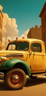 Vintage truck parked on city street with historical buildings in the background.