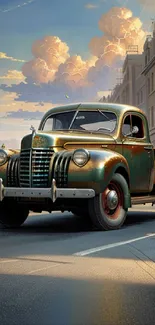 Vintage truck on urban street with cloudy sky in background.