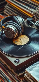 Headphones resting on a vintage turntable playing vinyl records.