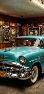 A teal vintage car parked in a garage with retro signs.