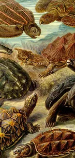 Vintage illustration of diverse turtle species with earthy tones.