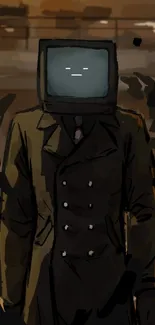 Illustration of a person with a TV head and a trench coat in brown tones.