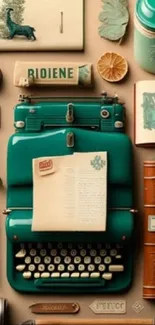 Vintage typewriter art with teal and sepia colors, enhancing a retro aesthetic feel.