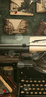 Vintage typewriter with nostalgic photos and stationery items.