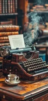 Vintage typewriter with smoke in a library setting.