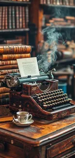 Vintage typewriter surrounded by books and a steaming cup on a wooden desk.