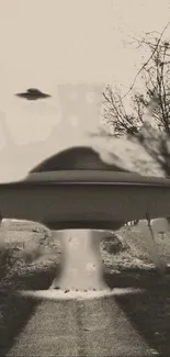 Vintage flying saucer in black and white with eerie trees in the background.