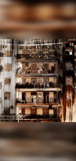 Vintage urban architecture wallpaper with blurred building facades in brown hues.