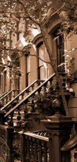 Sepia-toned vintage urban brownstone facade with trees.