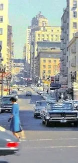 Vintage urban street with classic cars and buildings.