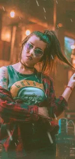 Vintage urban style wallpaper featuring a tattooed woman with streetwear.