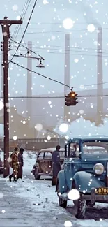 Vintage winter street with cars and industrial backdrop in cool tones.