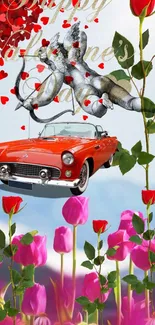 Vintage red car with pink tulips and hearts in romantic wallpaper.