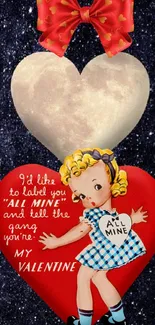 Vintage Valentine heart wallpaper with a cute girl and celestial background.