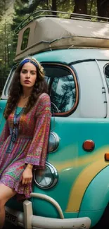 Young woman by a vintage turquoise van in a forest setting.