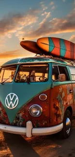 A vintage van with surfboards at sunset on a beach.
