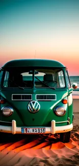 Vintage van parked on sandy beach during sunset, capturing a serene coastal scene.