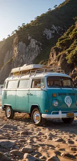 Vintage van parked by a scenic beach with cliffs.