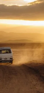 Vintage van on a desert road at sunset with golden skies.