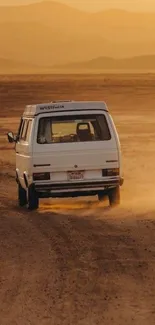 Vintage van driving through desert at sunset with earthy tones.