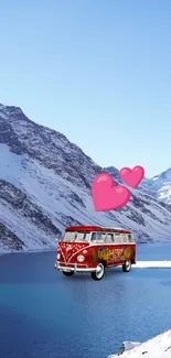 Vintage van with hearts in snowy mountains by a blue lake.