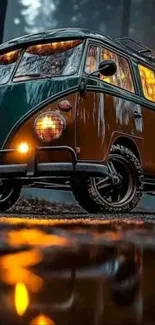 Vintage van parked in a misty, dark forest with reflective lights.