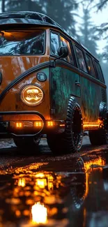 Vintage van reflecting in a misty forest setting, creating a mystical mood.