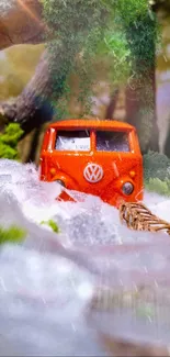 Classic orange van traveling through lush, misty forest scenery.