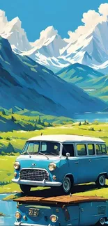 Vintage blue van in scenic mountain landscape with clear sky.