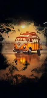 Vintage van driving in sunset scene with warm orange tones.