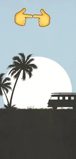 Vintage van and palm trees against a full moon with blue sky background.