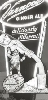 Vintage Vernors Ginger Ale neon sign in black and white, nostalgic advertising image.