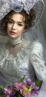 Elegant Victorian woman with floral hat.